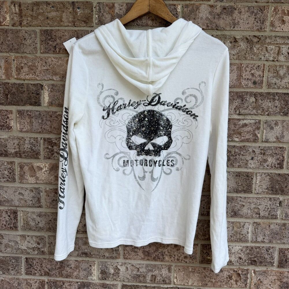 Harley-Davidson Thermal Hoodie Women's L Bikercore Tribal Tattoo Skull Grunge - Picture 2 of 16